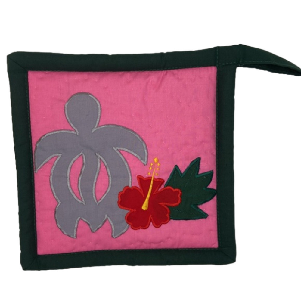 Tropical Hand Crafted Hibiscus and Turtle Textile Art Embroidered Pot Holder